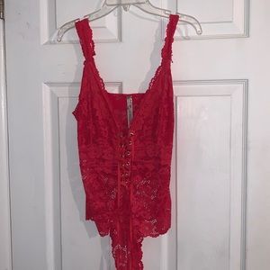 Red lace bodysuit from Hazel Boutique